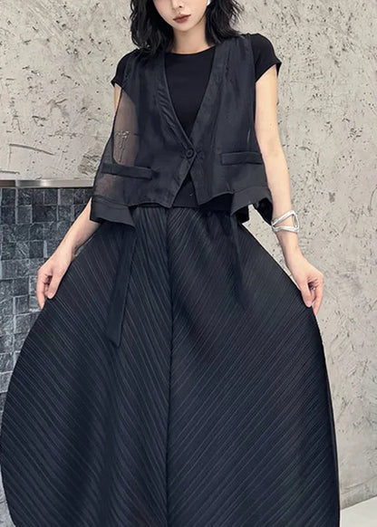 Black V Neck Asymmetrical Cotton Vest Tops Summer