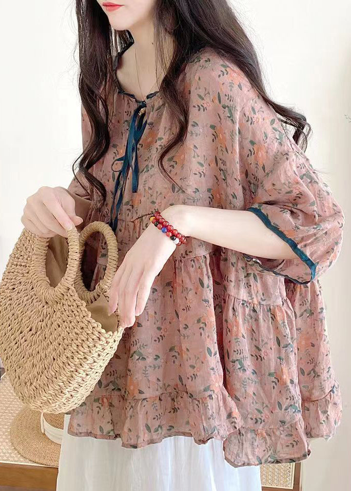 Organic Pink Ruffled Print Lace Up Cotton Shirts Half Sleeve Summer