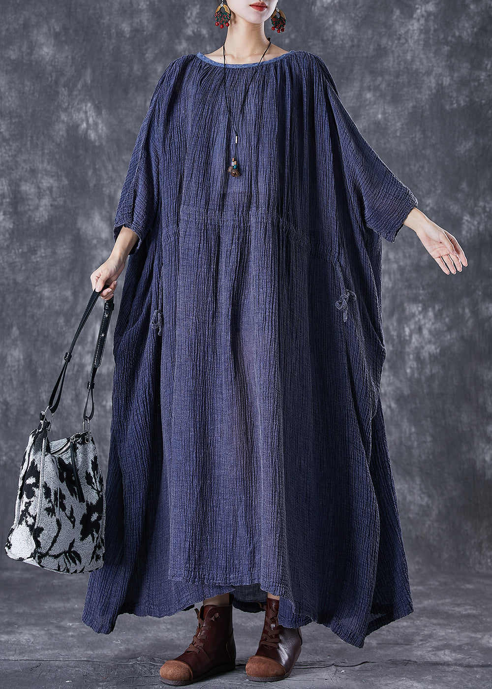Navy Oversized Drawstring Linen Long Smock Dresses Fall