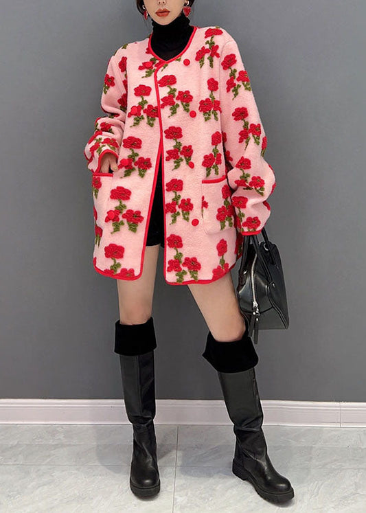 Pink Oversized Jacquard Fluffy Coats Spring