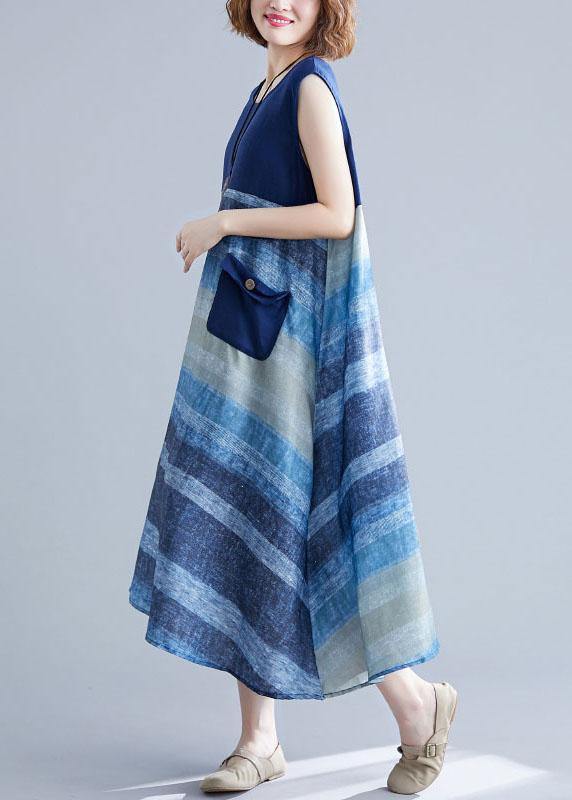 Diy Blue Patchwork Striped O-neck Summer Cotton Dress