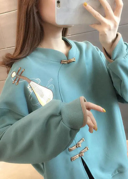 Simple Light Green Button Print Side Open Fall Pullover Street Wear