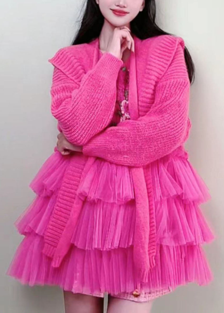 Rose Embroideried Knit Tulle Patchwork and Cape Two Piece Set Fall