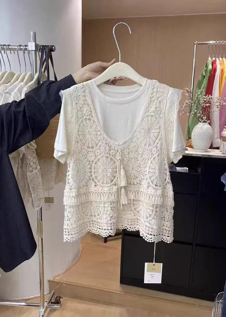 Apricot O-neck Tassel Lace Tank Summer