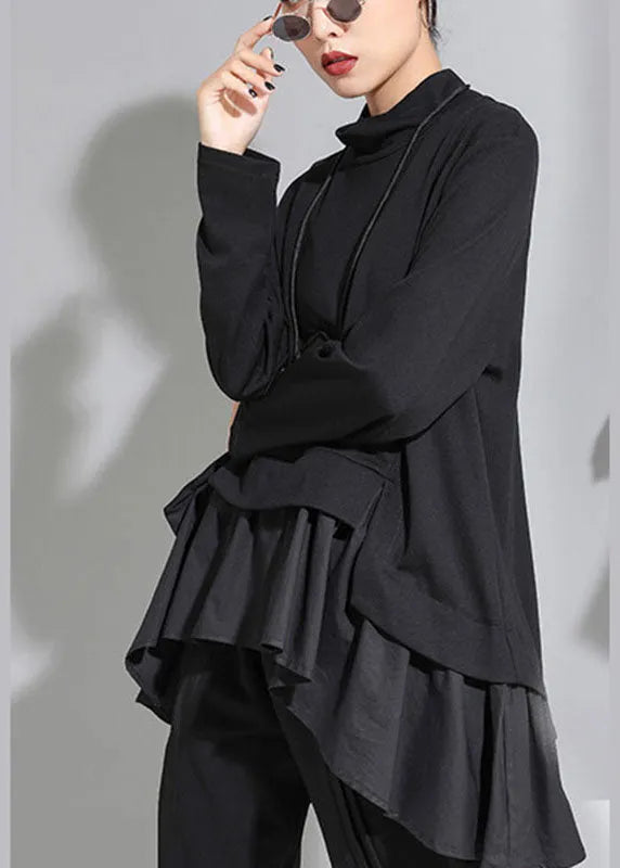 Black Asymmetrical Patchwork Ruffles Fall Top Long Sleeve