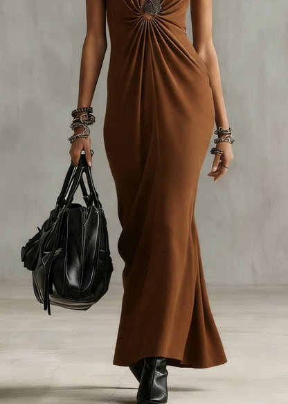 Boutique Brown Hollow Out Wrinkled Maxi Dress Sleeveless