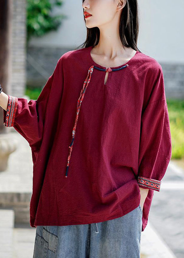 Wine Red Tasseled Linen T Shirt O-neck Fall