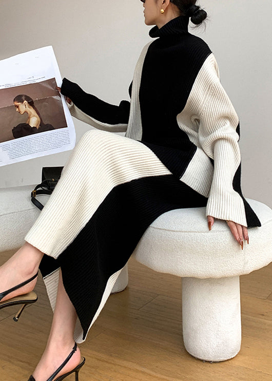 Loose Black Turtleneck Patchwork Tops and Skirts Knit Two Pieces Set Fall