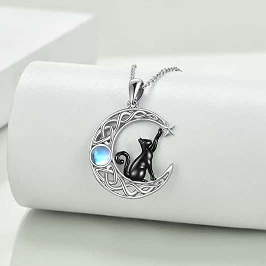 Black Cat Crescent Moonstone Necklace