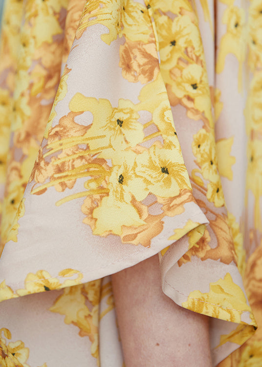 Yellow O Neck Print Chiffon Robe Dresses Summer