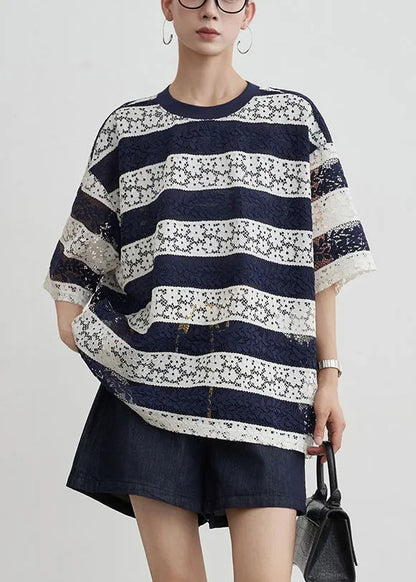 Striped Navy O Neck Hollow Out Lace T Shirts Summer