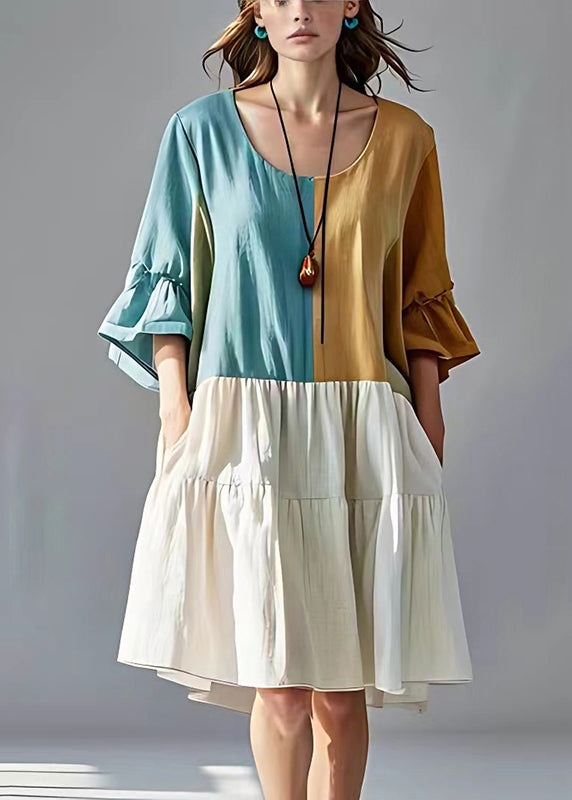 Colorblock Oversized Patchwork Cotton Pleated Dresses Summer