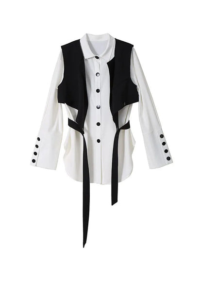 Loose Black Peter Pan Collar Button Shirt Vest Two Piece Suit Set Spring