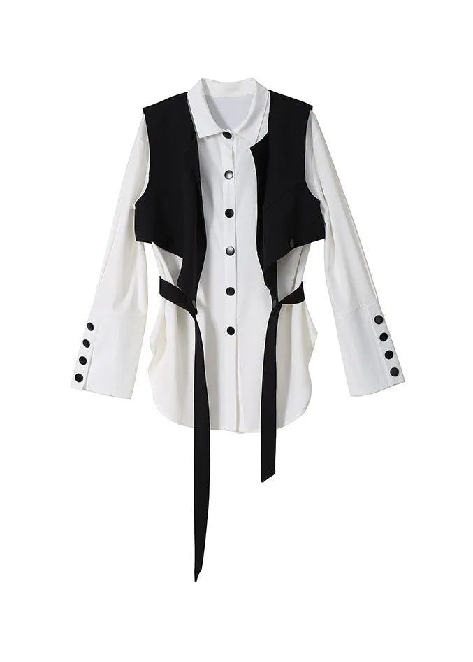 Loose Black Peter Pan Collar Button Shirt Vest Two Piece Suit Set Spring