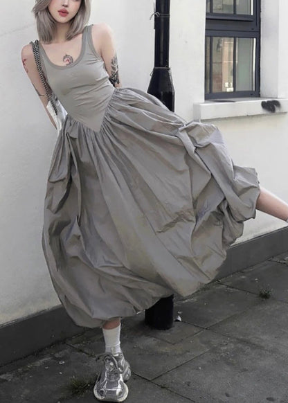 New Grey Backless Patchwork Cotton Long Dresses Sleeveless Summer