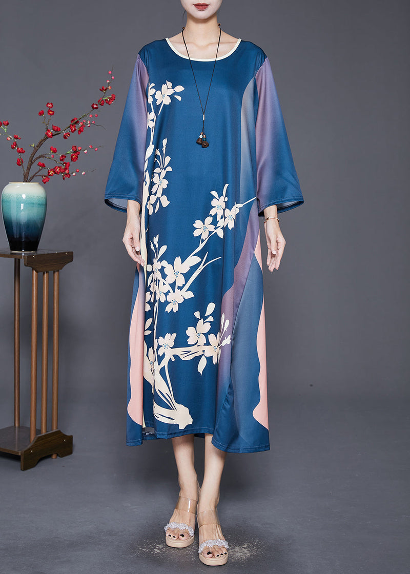 Navy Oversized Print Silk Long Dress Fall