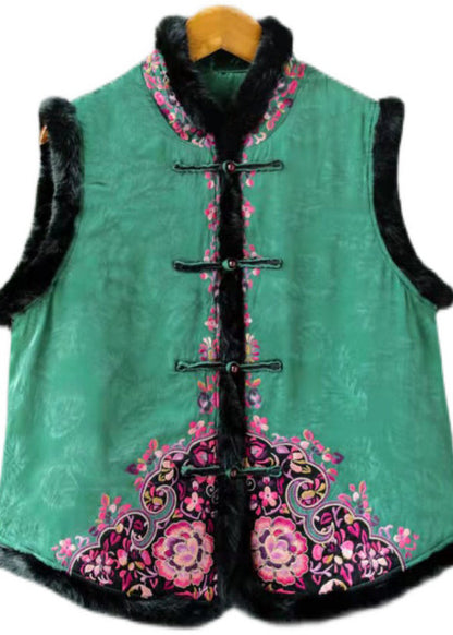 Chinese Style Green Rabbit Hair Collar Embroideried Thick Cotton Waistcoat Sleeveless