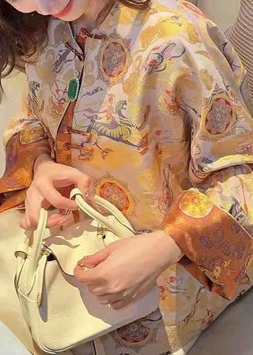 Chinese Style Yellow O-neck Button Silk Coats Spring