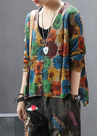Khaki V Neck Print Knit Cardigan Spring