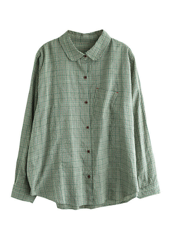 Green Button Peter Pan Collar Cotton Shirt Tops Long Sleeve
