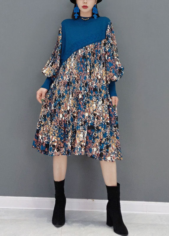 Boutique Blue O-neck Knit Patchwork Chiffon Holiday Dress Spring