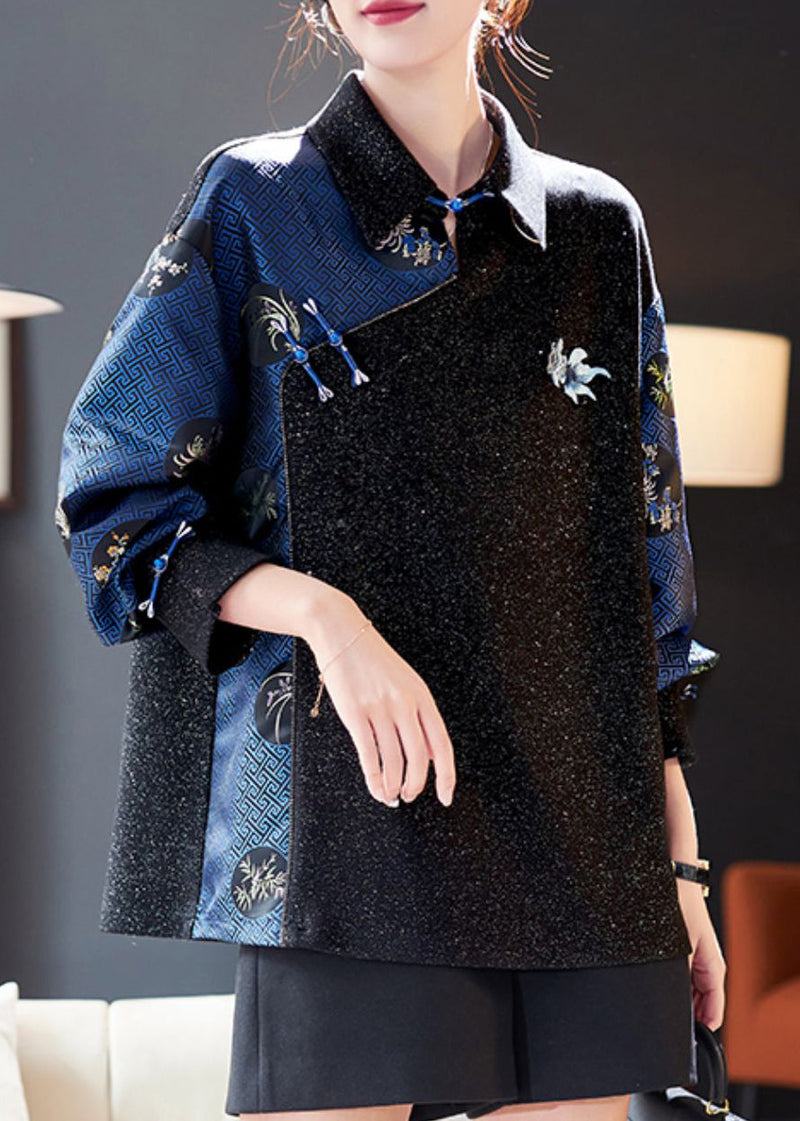 Black Peter Pan Collar Print Patchwork Shirts Spring