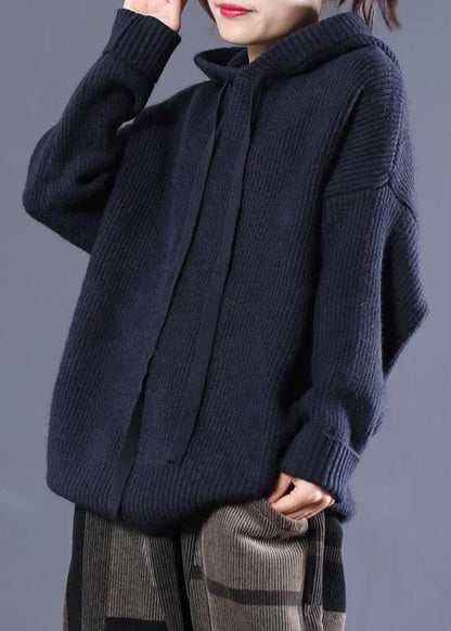 Diy Navy Hooded Loose Fall Knitted Top