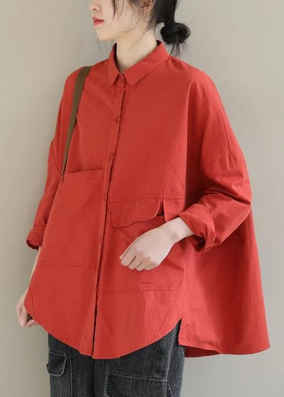 Red Blouse Lapel Asymmetric Short Shirt Top