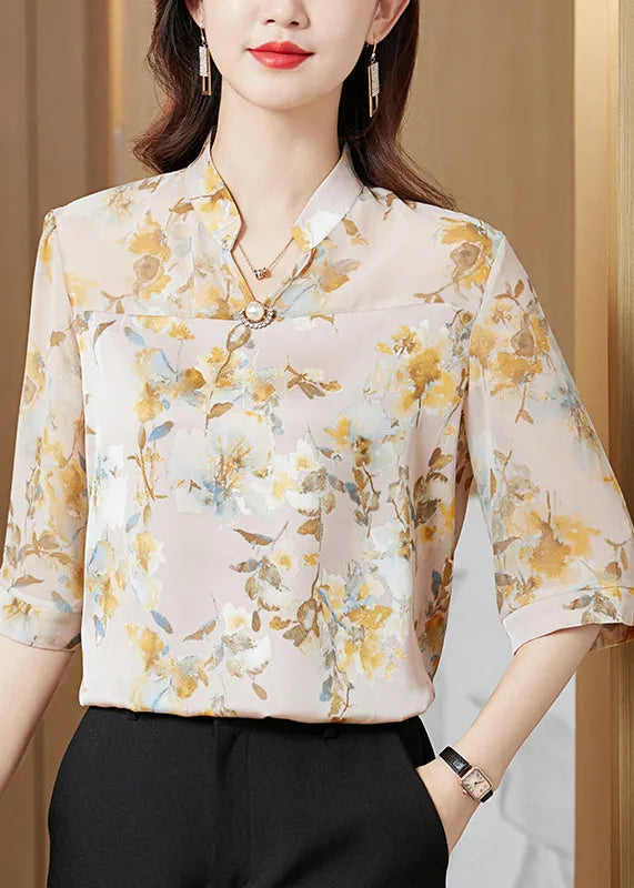 Yellow Stand Collar Print Chiffon Shirt Tops Half Sleeve