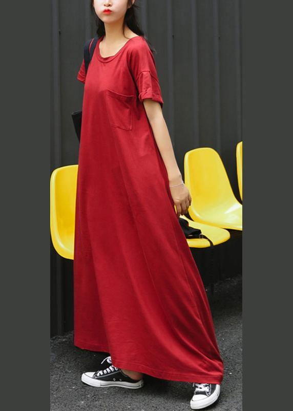 Italian Red Tunic Dress O Neck Large Hem Long Summer Dress