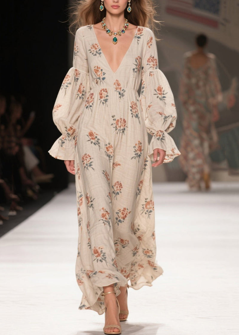 V Neck Print Patchwork Cotton Long Dresses Fall