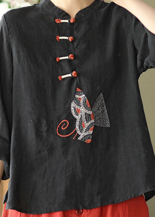 Boutique White O-neck Embroideried Button Linen Shirt Long Sleeve