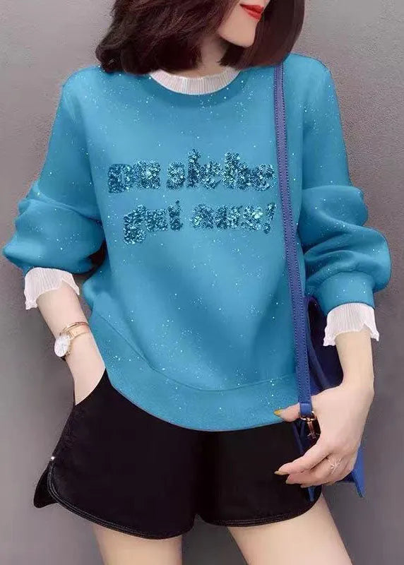 Blue Embroideried Patchwork Ruffled Fall Sweatshirt Street Wear
