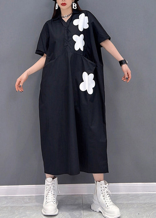 Black Patchwork Pockets Button Cotton Dress Short Sleeve Summer