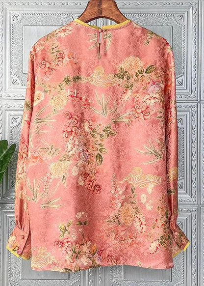 Handmade Orange O-neck Button Patchwork Chiffon Blouse Tops Long Sleeve