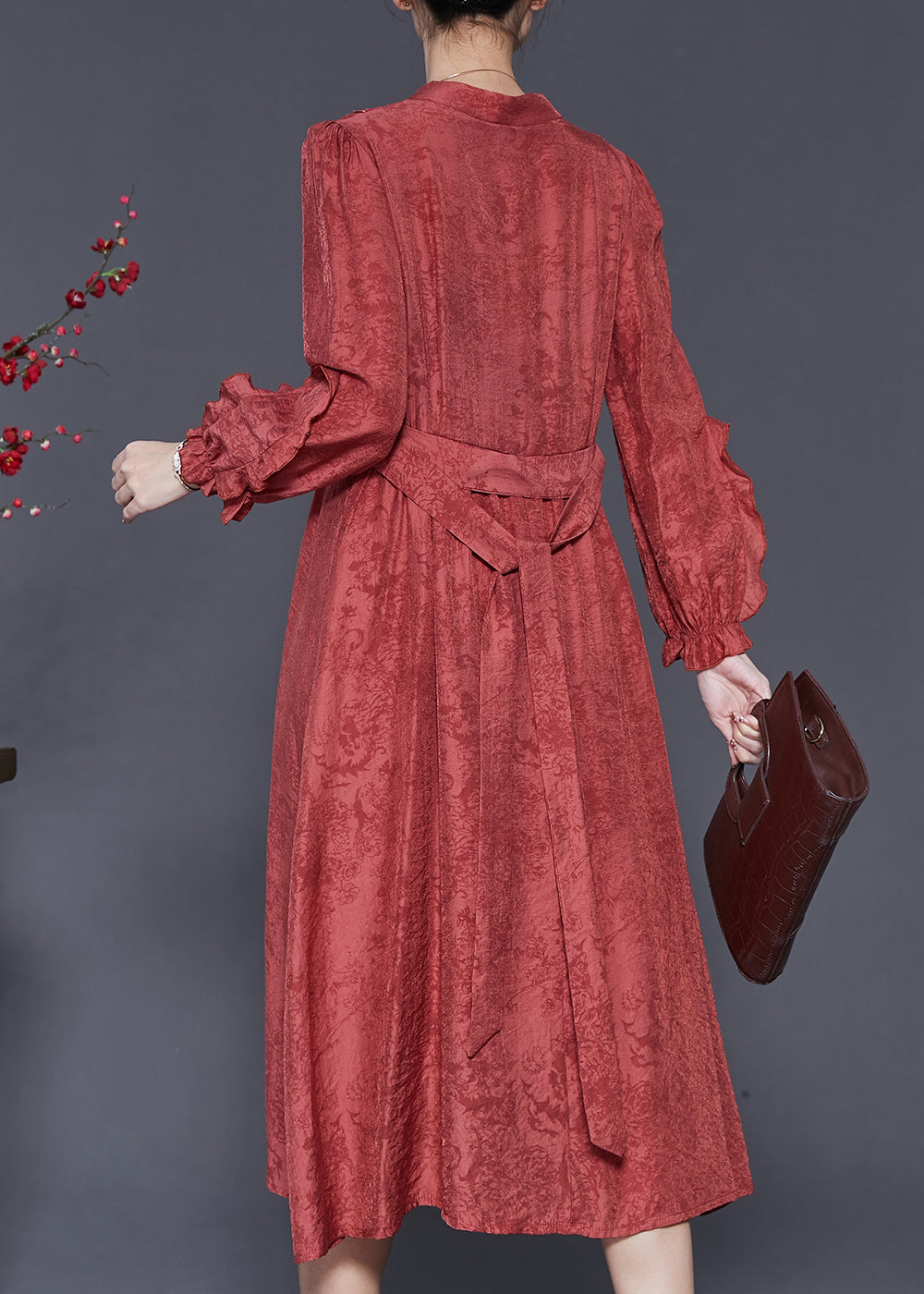 Red Ruffled Jacquard Cotton Robe Dresses Spring