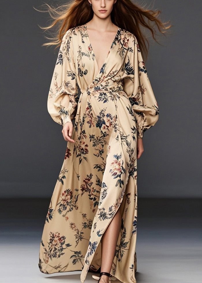 Khaki Print Side Open Chiffon Long Dress Fall