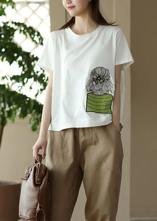 White O-neck Embroideried Patchwork Cotton Top Summer