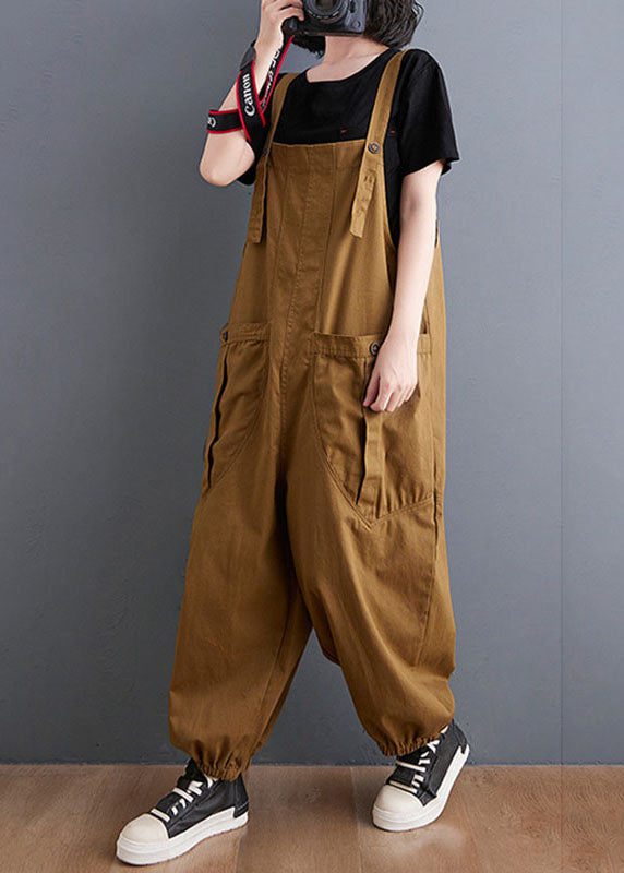 Yellow Slash Neck Patchwork Pockets Harem Jumpsuit Fall
