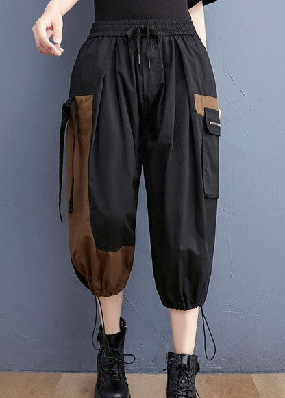 Fitted Black Asymmetrical Patchwork Cotton Spring Crop Pants