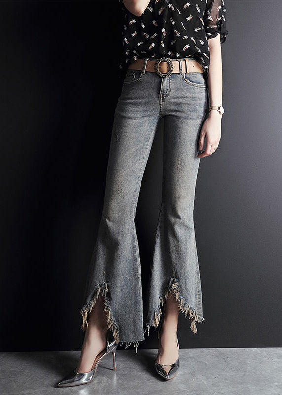 Light Blue Asymmetrical Pockets Cotton Denim Flare Pants Summer