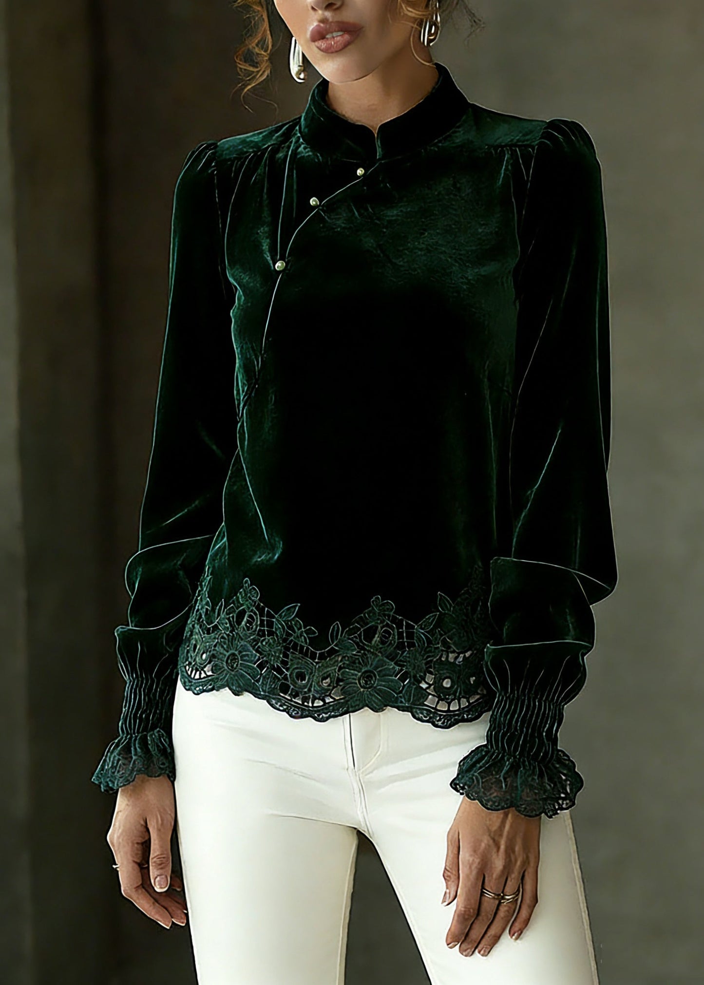Blackish Green Hollow Out Shirts Lantern Sleeve Spring