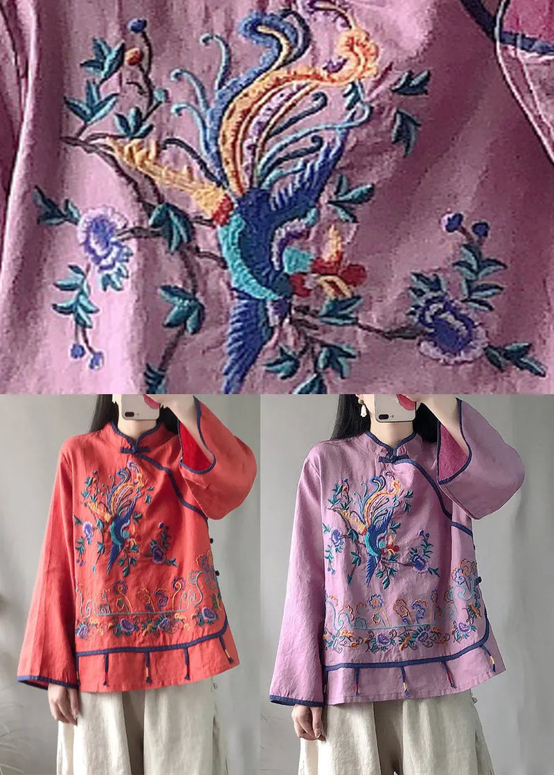 Red Embroideried Button Linen Top Long Sleeve