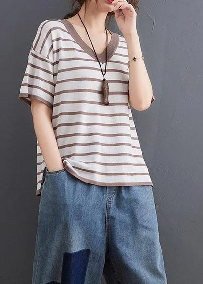 Khaki Striped Side Open Cotton Linen Summer Tops