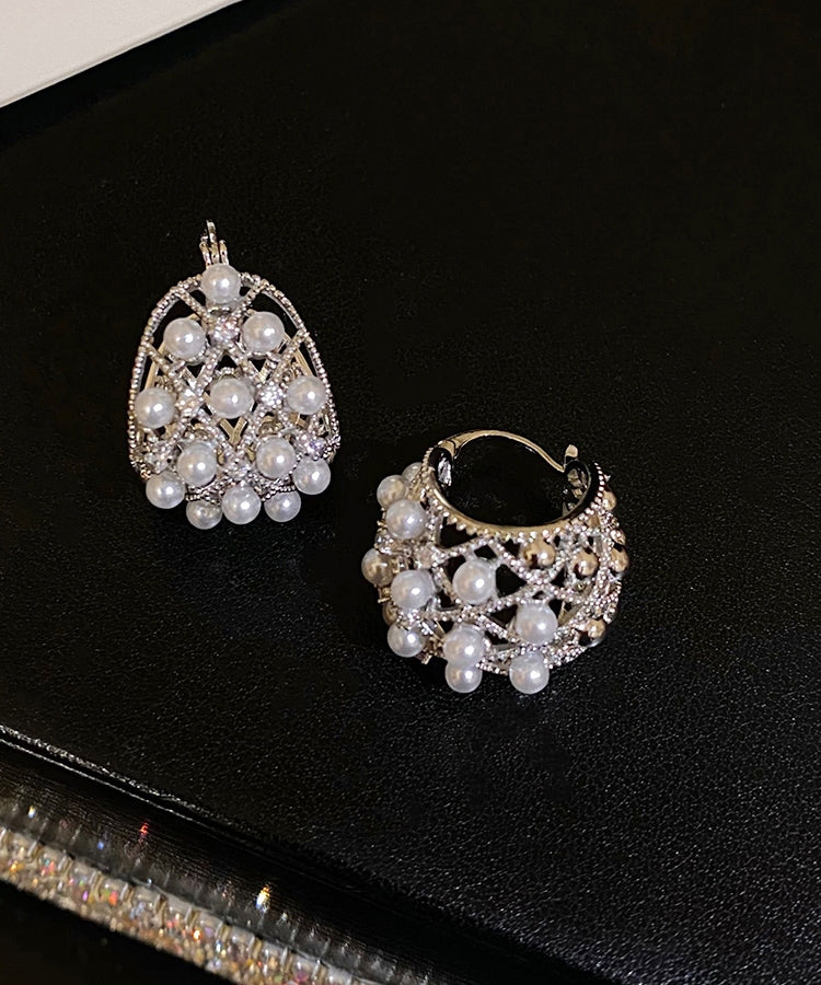 Modern Silk Sterling Silver Pearl Hollow Out Hoop Earrings