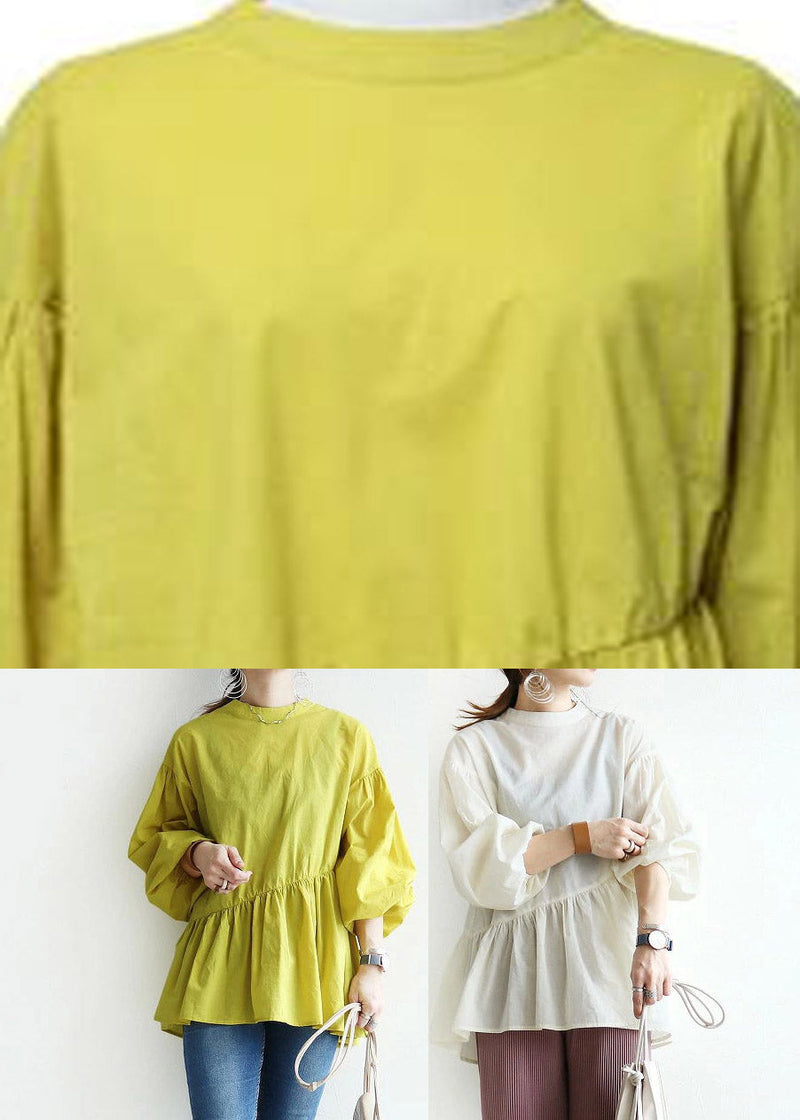 Yellow O-neck Patchwork Shirts Lantern Sleeve