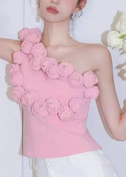 Pink One-shoulder Cotton Tank Sleeveless
