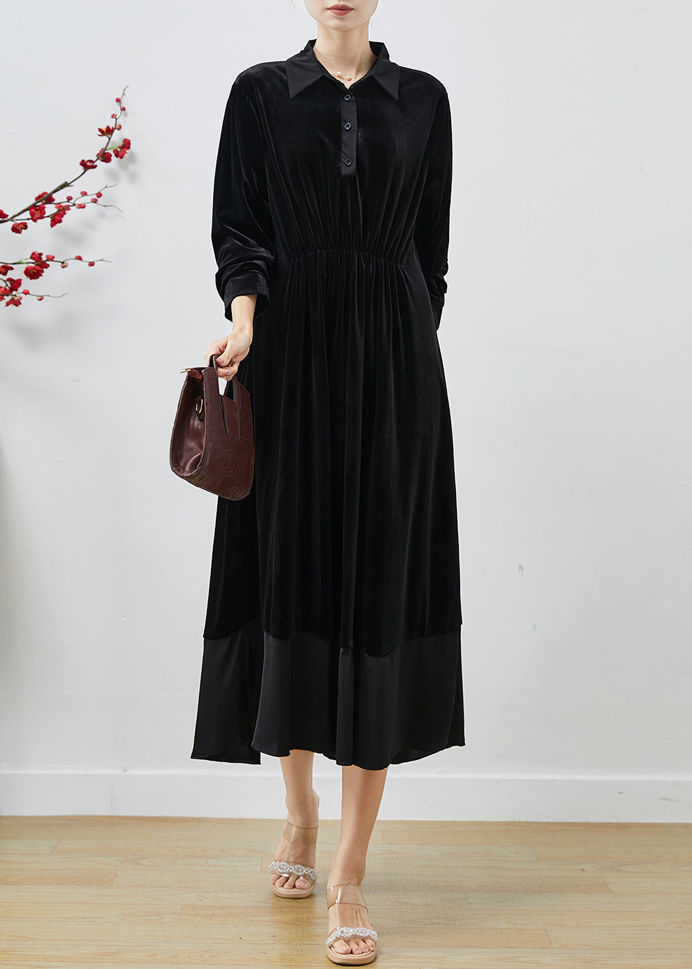 Black Peter Pan Collar Patchwork Silk Velvet Dresses Fall
