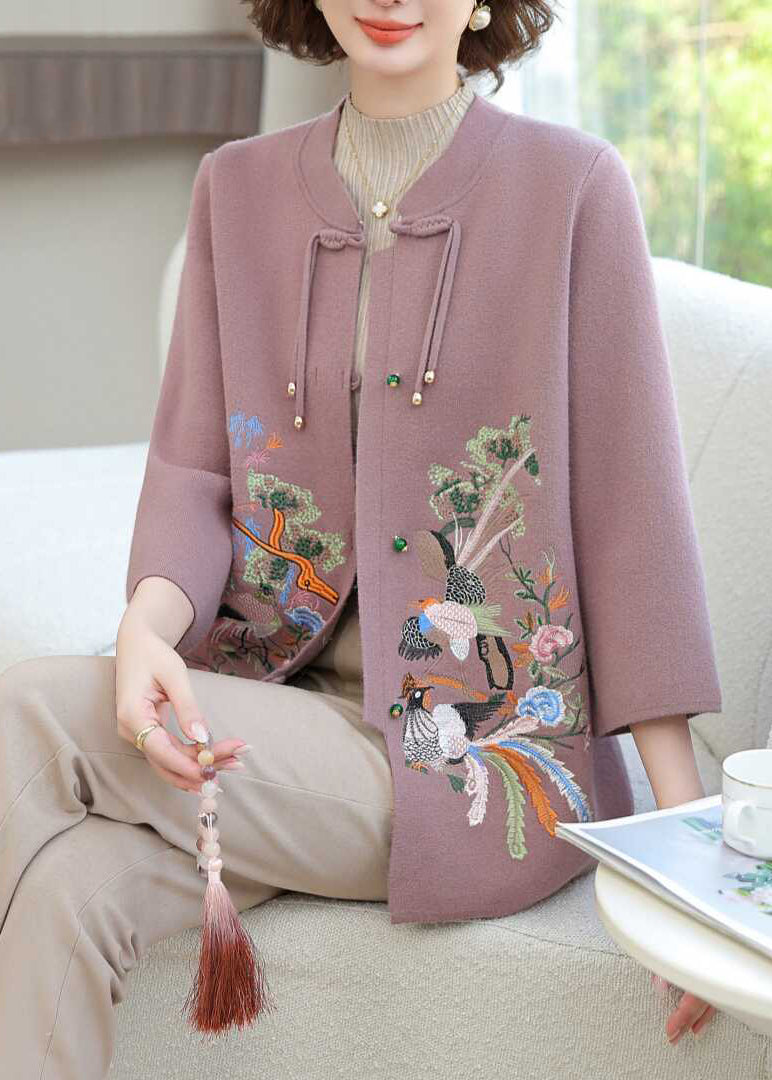 Purple Wool Knit Cardigan Embroidered Long Sleeve