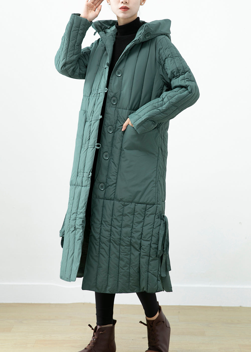 Green Hooded Pockets Fine Cotton Filled Long Coat Winter